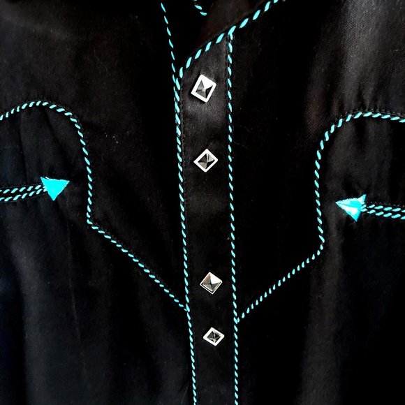 Vintage Scully Gunfighter Men's Western Button Down black w/teal piping. - Picture 1 of 7